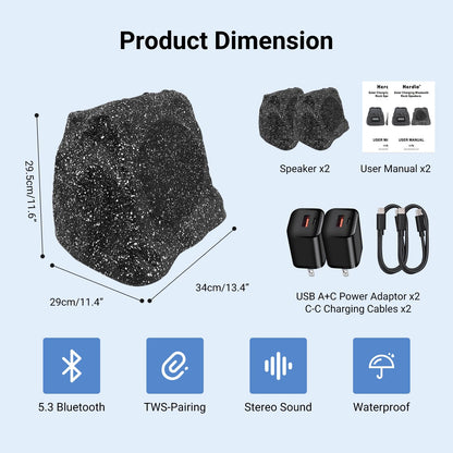 Herdio 8" Rock Bluetooth Speakers Outdoor Waterproof IPX7 Wireless Solar Max 240 Watt, TWS Connection Powered with Rechargeable Battery for Garden Patio Deck Pool Backyard（Gray，1Pair）