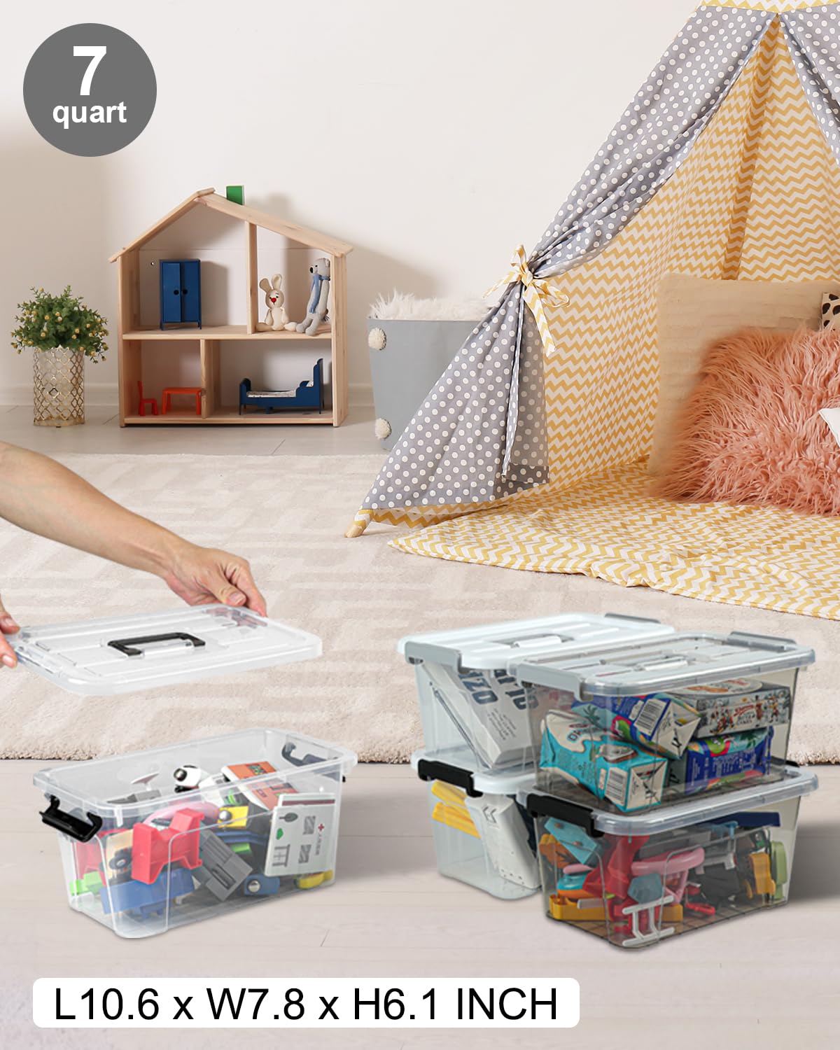 AREYZIN Plastic Storage Bins With Lids,6 Pack Storage Organizer Bins,7 Quart Stackable Storage container with Lid and Gray Handle Buckle Easy for Home Office Organization, with White Lids