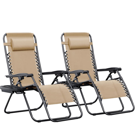Greesum Zero Gravity Chairs Set of 2 Adjustable Steel Mesh Recliners Beach Deck Lawn Camping Patio Foldable Lounge Chair with Cup Holder Trays and Pillows,Cream-Coloured
