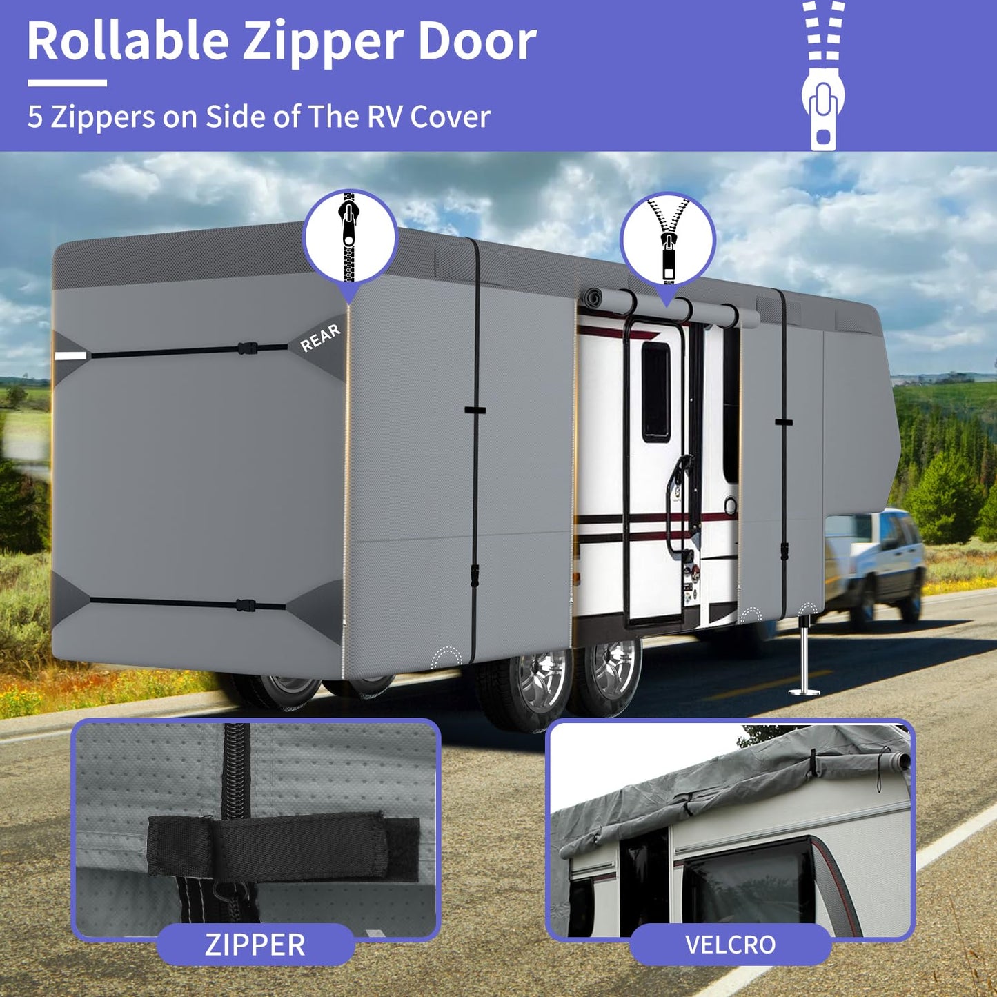 Umbrauto 5th Wheel RV Cover Upgraded 7 Layers Top Anti-UV Waterproof Breathable Camper Covers Fits 31' - 34' Travel Trailer Motorhome with 2Pcs Extra Straps & Gutter Covers