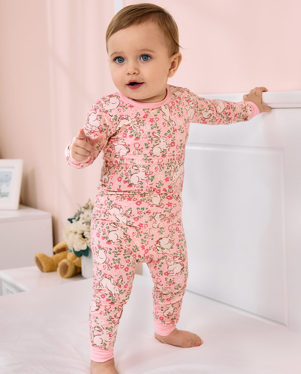 babee Reshinee Bamboo Viscose Toddler Girls Kids Pajama Sets 2-3T Snug fit Long-Sleeve Softness Sleepwear Pjs 2pcs Jammies Floral Bunny