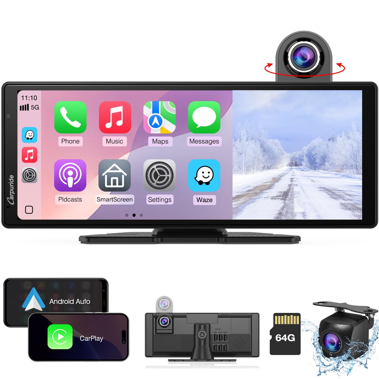 2025 Carpuride Wireless Carplay & Android Auto with Dash Cam - 10.26 Inch HD IPS Touch Car Play Screen for Car, 4K Front & 1080P Rear Camera, Loop Recording, Bluetooth Audio, Mirror Link, GPS, Siri