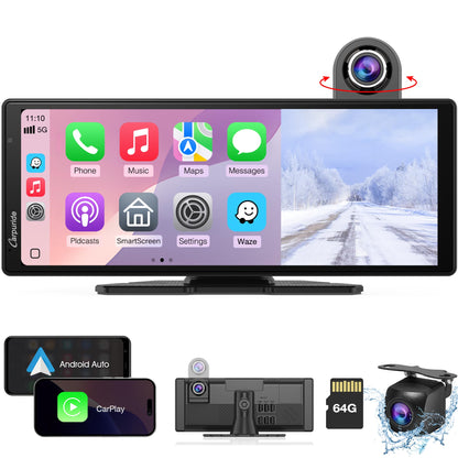 2025 Carpuride Wireless Carplay & Android Auto with Dash Cam - 10.26 Inch HD IPS Touch Car Play Screen for Car, 4K Front & 1080P Rear Camera, Loop Recording, Bluetooth Audio, Mirror Link, GPS, Siri