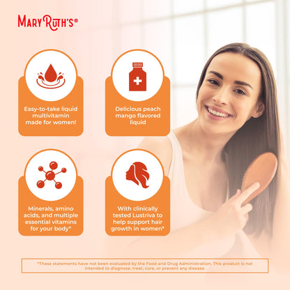 MaryRuth's Liquid Multivitamin + Hair Growth | Clinically Tested for Thicker Hair & Facial Wrinkles in Women | Biotin 10000mcg | Lustriva Hair Growth Supplements | Skin Care | Ages 18+ | 30 Fl Oz