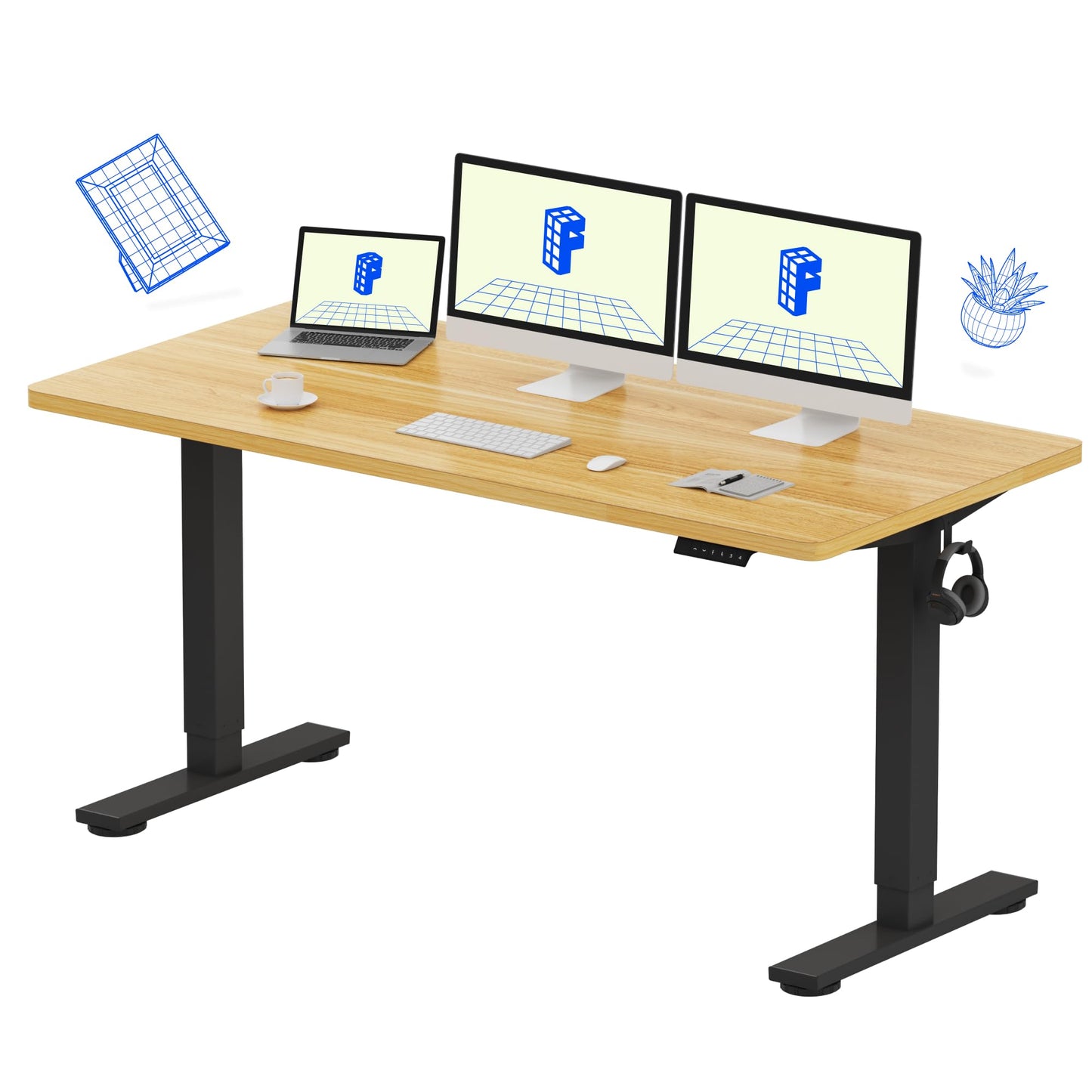 FLEXISPOT EN1 Whole-Piece Standing Desk 60"x24" Height Adjustable Desk, Electric Sit Stand Desk Home Office Table Standing Desk (Black Frame + Maple Top, 2 Packages)