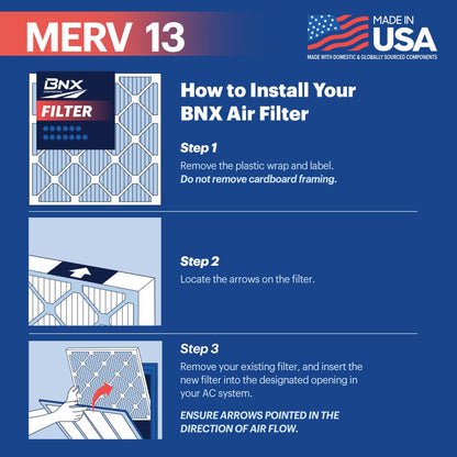 BNX TruFilter 20x24x1 Air Filter MERV 13 (6-Pack) - MADE IN USA - Electrostatic Pleated Air Conditioner HVAC AC Furnace Filters for Allergies, Pollen, Mold, Bacteria, Smoke, Allergen, MPR 1900 FPR 10