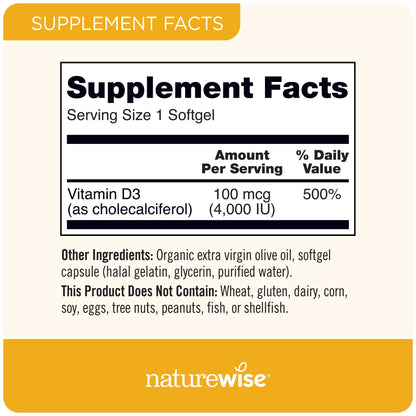 NatureWise Vitamin D3 4000iu (100 mcg) 200-Day Supply for Immune Support, Healthy Muscle Function, and Bone Health - Non-GMO, Gluten Free in Organic Extra Virgin Olive Oil, (Mini Softgel), 200 Count