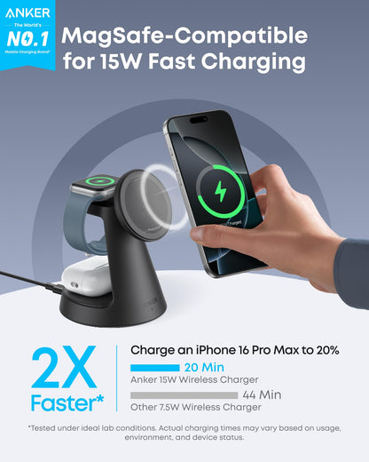 Anker MagSafe Charger Compatible, MagGo 3-in-1 Charging Station, Qi2 Certified 15W Magnetic Wireless Charger Dock Stand, For iPhone16/15/14/13/12 Series, Apple Watch,AirPods,and More(Adapter Included)