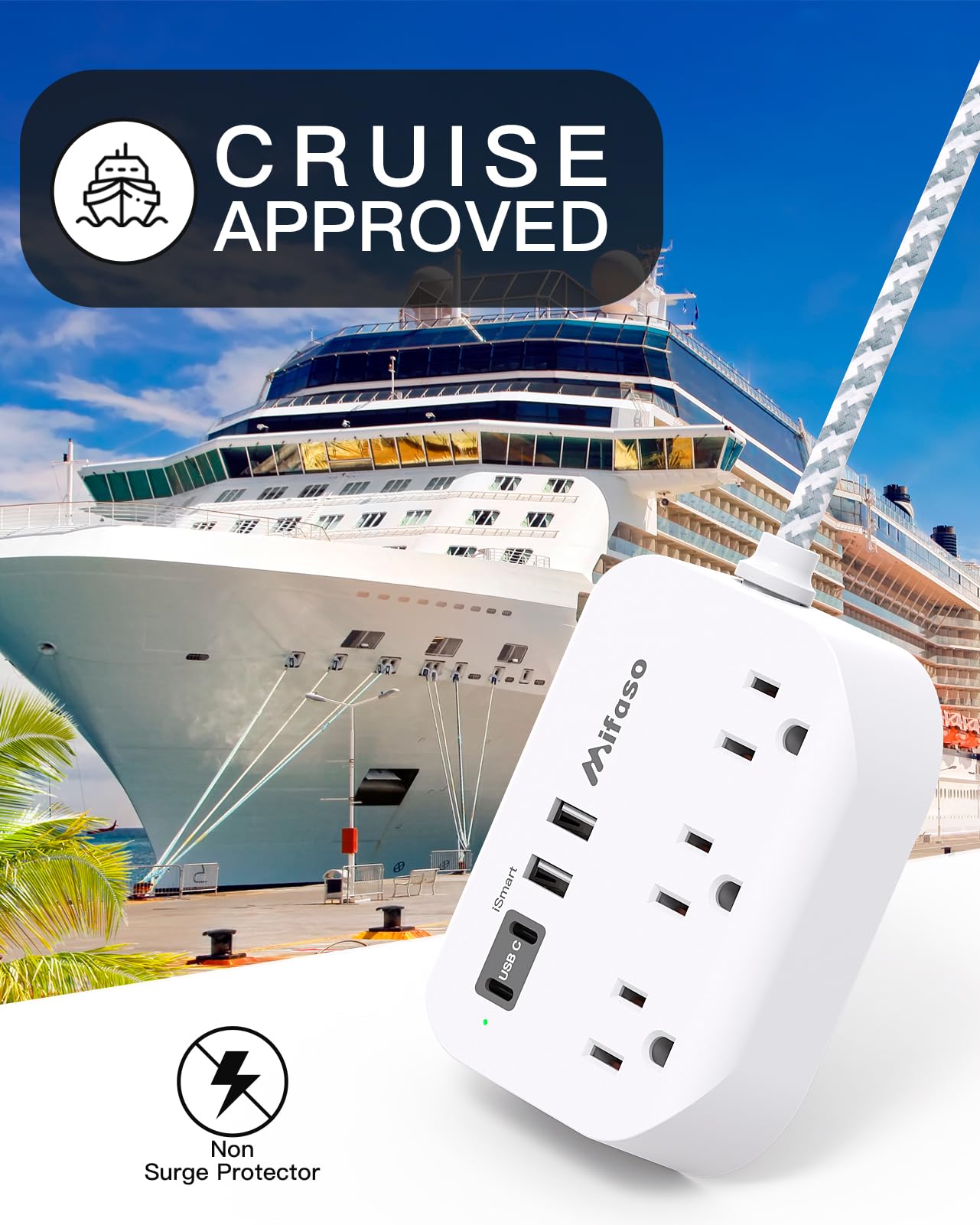 Cruise Ship Essentials - Mifaso Power Strip with USB Ports, 5Ft Flat Extension Cord with Multiple Outlets, USB Charging Station with Non Surge Protector for Cruise Ship, Travel, Dorm Room Essentials