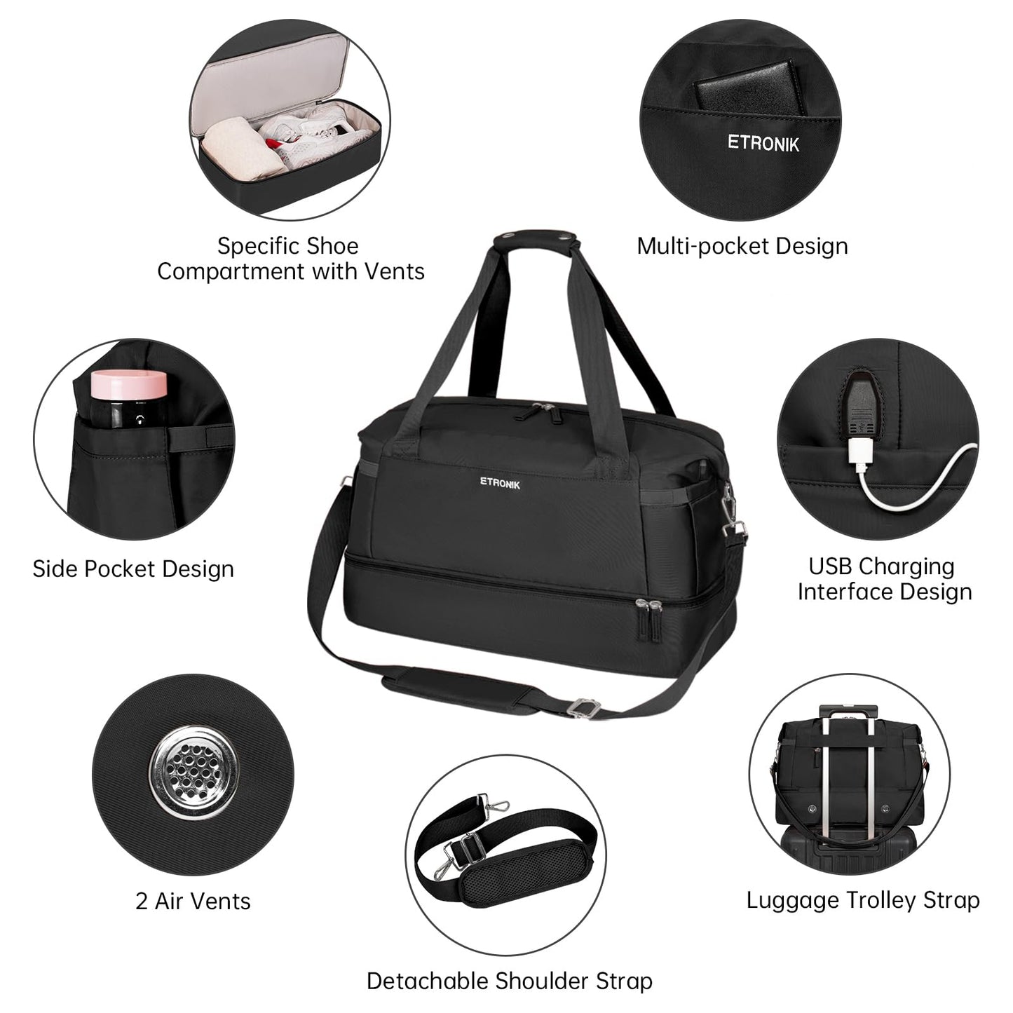ETRONIK Gym Bag for Women, 47L Carry On Travel Duffel Bag with Shoes Compartment, Weekender Overnight Bag with Wet Pocket & USB Charging Port for Women, Travel, Gym, Weekend, Large Size (Black)