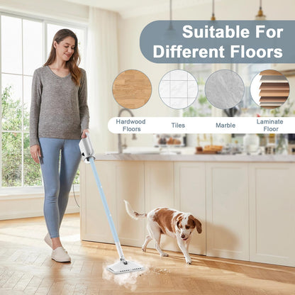 Steam Cleaner, 6 in1 Rotated Steam Mop Cleaner with 2 Modes, 2 Microfiber Pads, 400ML Removable Tank, 23FT Power Cable, Detachable Steam Mops for Floor, Laminate Floor, Tiles Cleaning (Deepwater Blue)