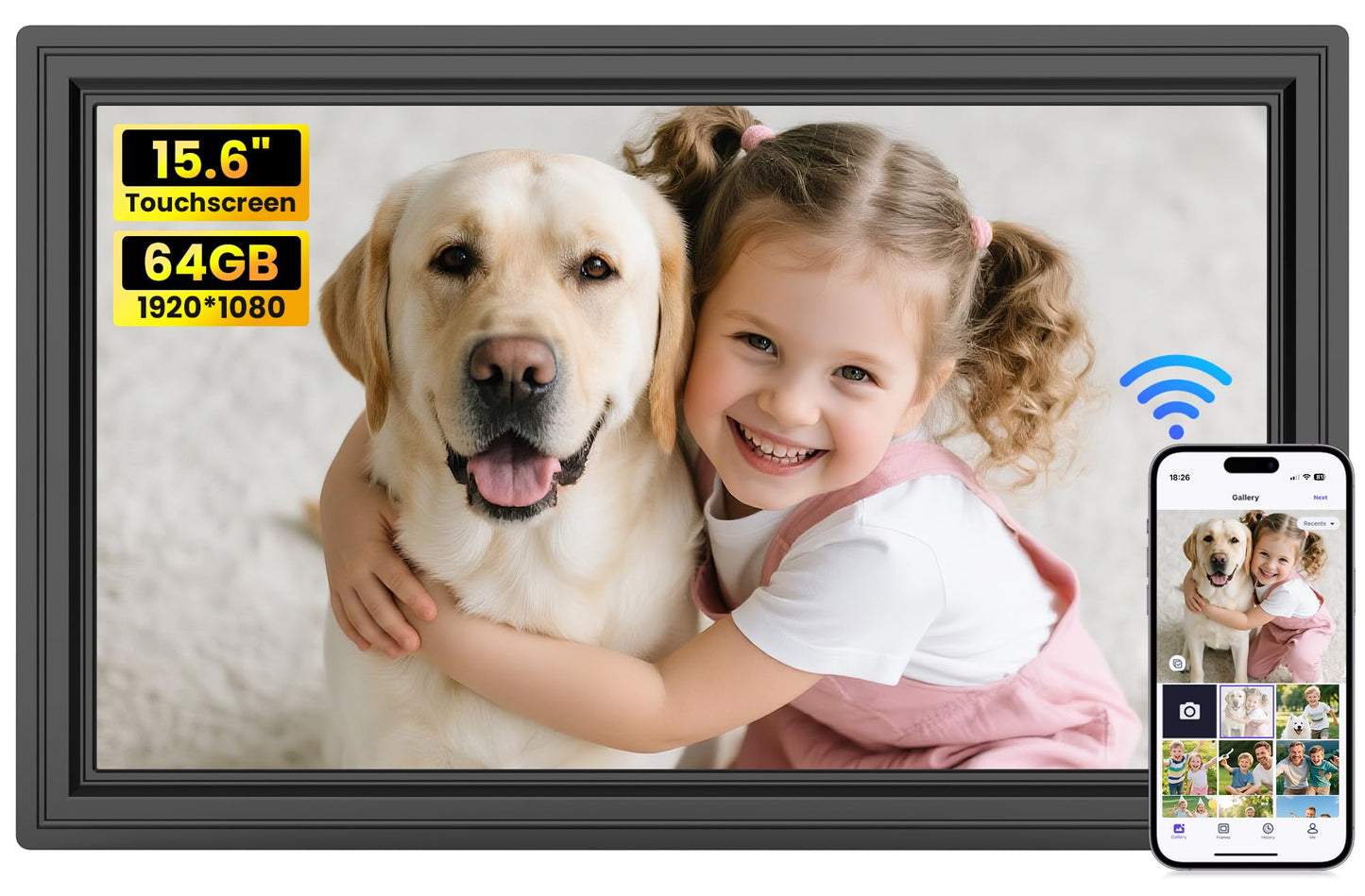 64GB Uhale 15.6" Digital Picture Frame, Large WiFi Electronic Photo Frames 1920 x 1080 IPS FHD Touch Screen, Share Photos and Videos Anywhere, Support SD/USB, Best Gifts for Parents and Grandparents