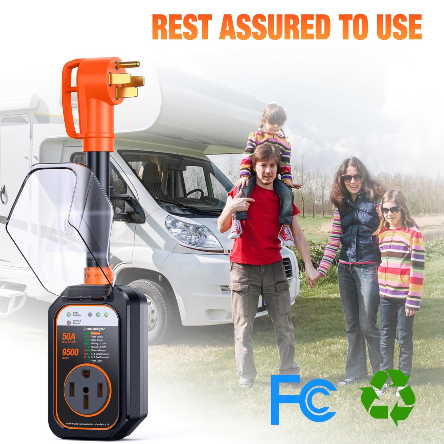 GEARGO RV Surge Protectors 50 Amp Waterproof, [2025 New Upgraded] RV Circuit Analyzer, Full Protection RV Adapter Plug for Camper(Orange)
