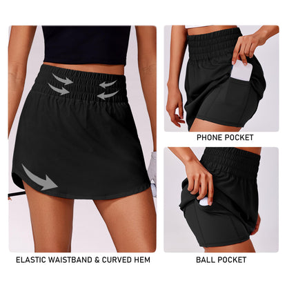 PINSPARK Golf Skirts for Women Elastic Waist Tennis Skirt Lightweight Pickleball Skort Quick Dry Athletic Skorts Solid Workout Skorts, Black XL