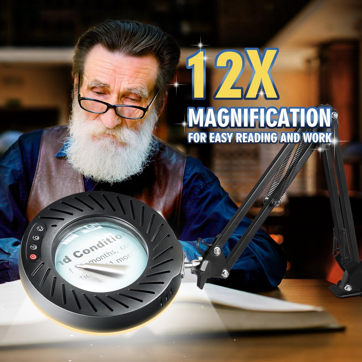 Toolastra 12X Magnifying Glass with Light and Stand, 144 LEDs Brightest Desktop Magnifying Lamp, 10 Dimmable Brightness 5 Color Modes, Hands Free Metal Desk Lamp for Craft Reading Painting (Black)