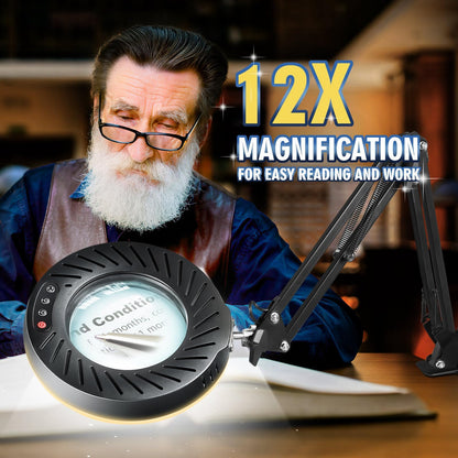 Toolastra 12X Magnifying Glass with Light and Stand, 144 LEDs Brightest Desktop Magnifying Lamp, 10 Dimmable Brightness 5 Color Modes, Hands Free Metal Desk Lamp for Craft Reading Painting (Black)