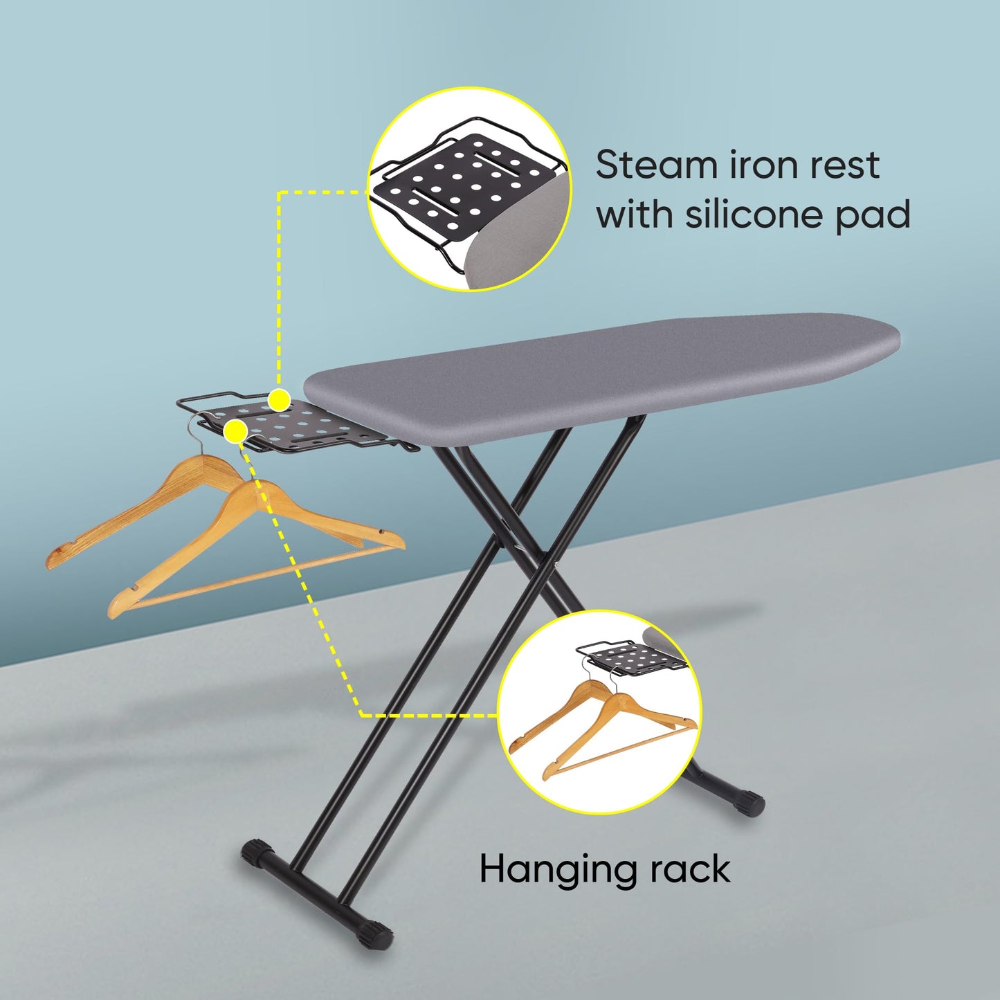 Jakeefud Deluxe Ironing Board with Heat Resistant Cover and Thicken Felt Pad, Heavy Sturdy Legs,Full Size Hanger Iron Board,Foldable (L-Grey)