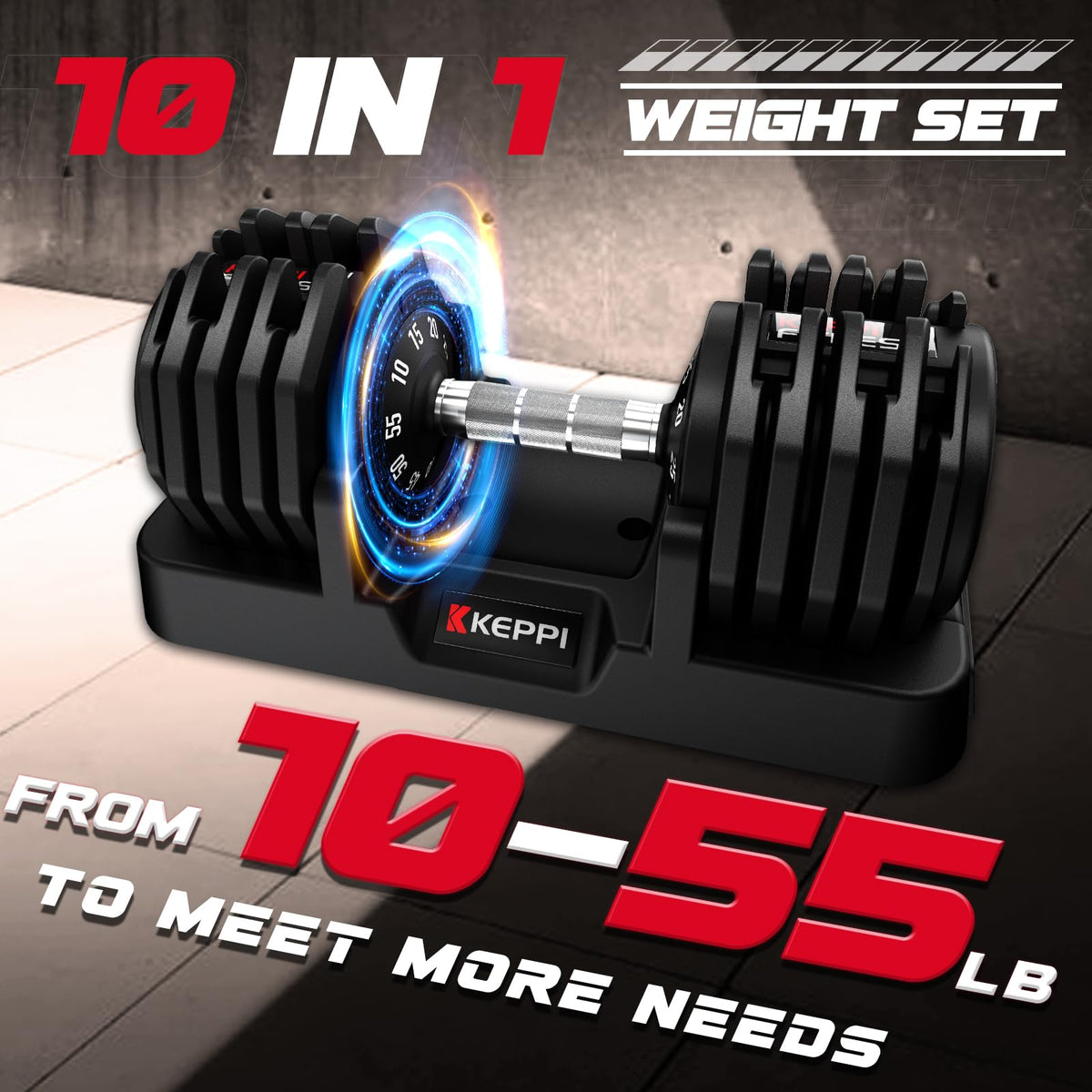 Keppi Adjustable Dumbbell Set - 10LB to 55LB 10 in 1 Single Adjustable Weight Set with Anti-Slip Metal Handle,Exercise & Fitness Dumbbell for Home Gym