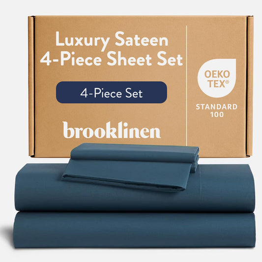 Brooklinen Luxury Sateen 4 Piece Sheet Set - 100% Cotton Bed Sheets, Soft & Durable Twin Sheets Set in Abyss Blue, Oeko-TEX Certified Bedding Set, 1 Fitted Sheet, 1 Flat Sheet, 2 Pillowcases