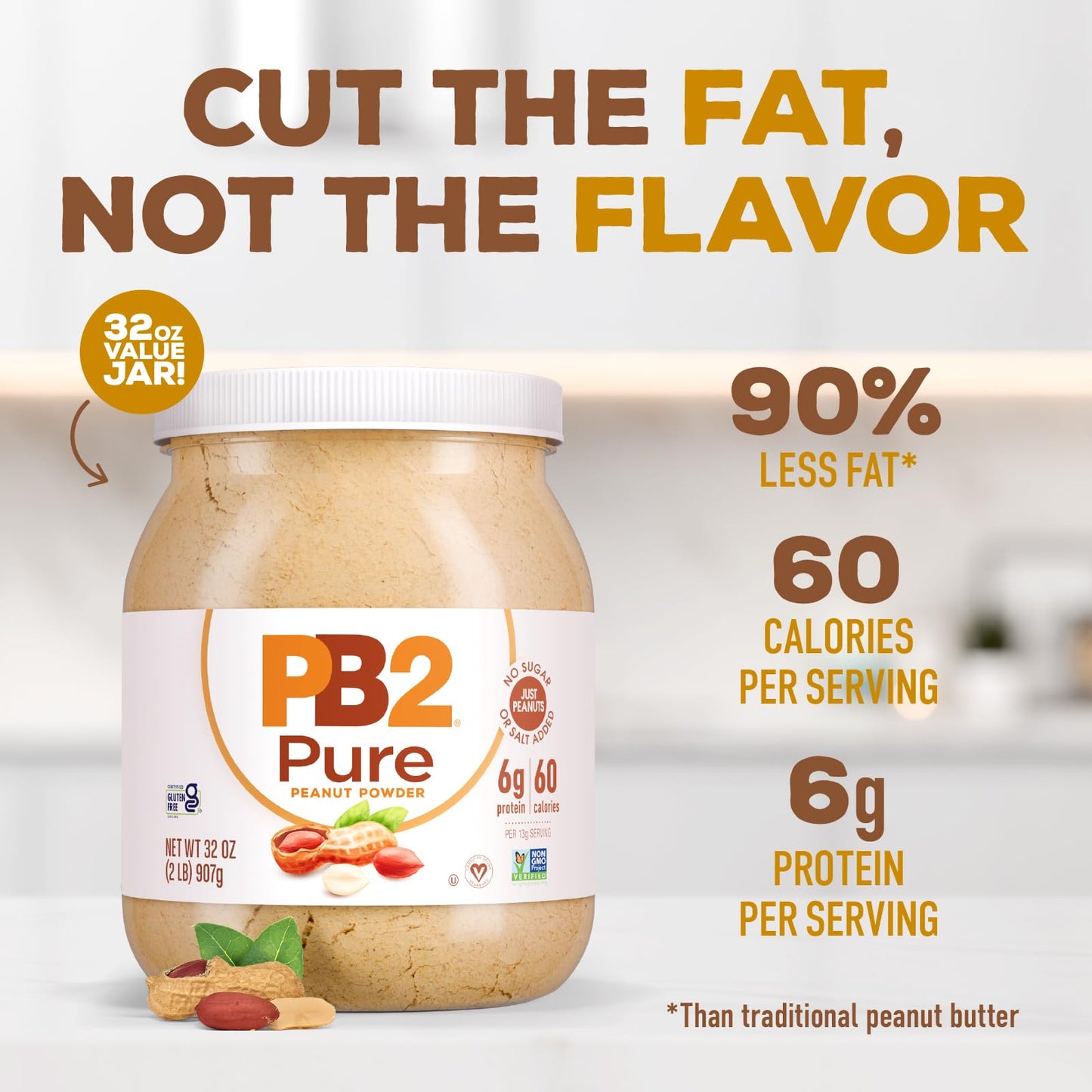 PB2 Pure Peanut Butter Powder - [2 lb/32 oz Jar] - No Added Sugar, No Added Salt, No Added Preservatives - 100% All Natural Roasted Peanuts - 6g of Plant-Based Protein