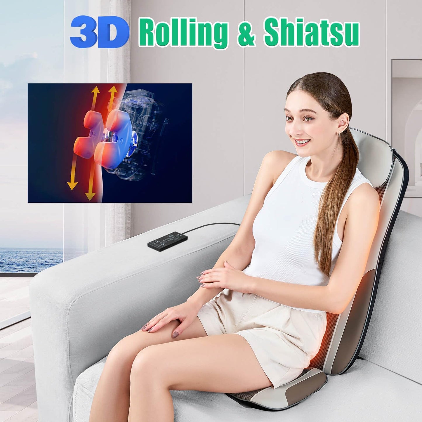 comrelax Shiatsu Back Massager with Heat, Massage Chair Pad Seat Cushion for Stress Relief, Deep Tissue Kneading & Roller, 2 Vibration Motors, Back Waist Hip Massager, PU Leather, with 2 Adapters