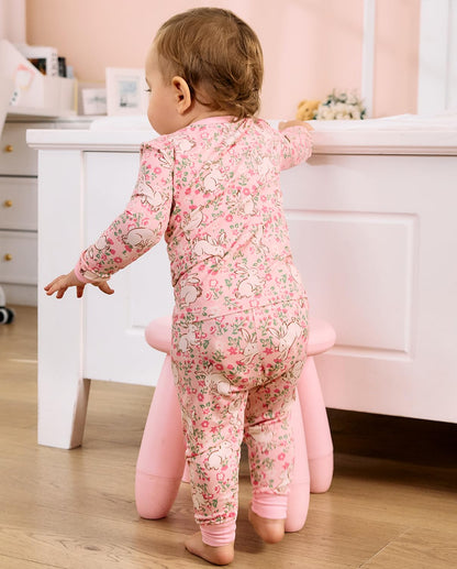 babee Reshinee Bamboo Viscose Toddler Girls Kids Pajama Sets 2-3T Snug fit Long-Sleeve Softness Sleepwear Pjs 2pcs Jammies Floral Bunny