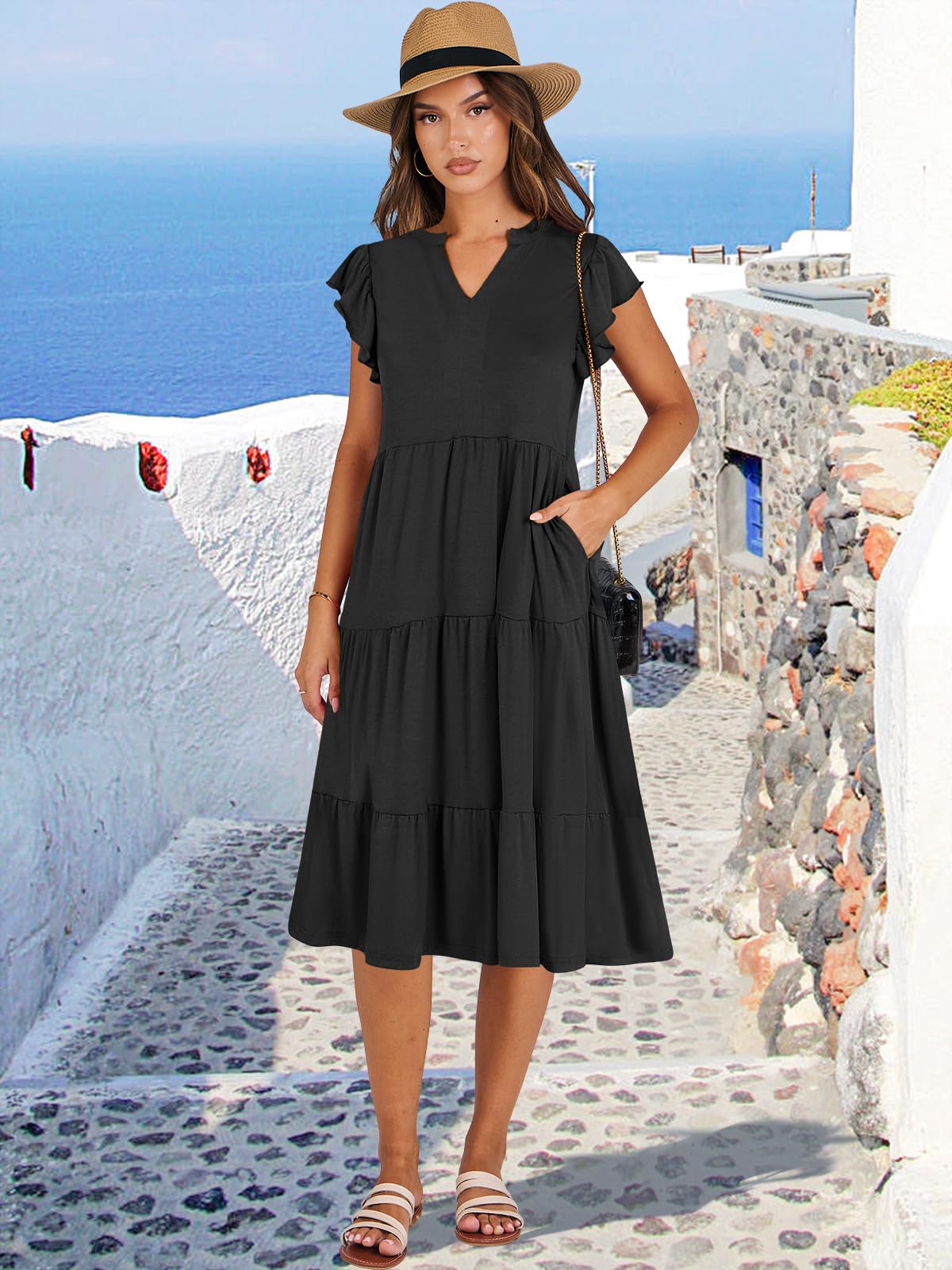 ANRABESS Womens Summer Dress Ruffle Sleeve V Neck Midi Dresses Fashion Casual Fit Flowy Tiered Boho Beach Vacation Sundress Black-L