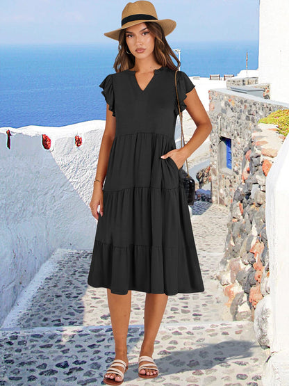 ANRABESS Womens Summer Dress Ruffle Sleeve V Neck Midi Dresses Fashion Casual Fit Flowy Tiered Boho Beach Vacation Sundress Black-L