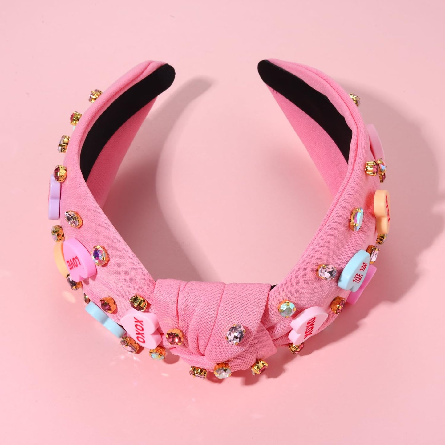 NVENF Valentine’s Day Headband for Women Love Heart Headband Jeweled Crystal Rhinestone Knotted Hairband Red Pink Wide Top Knot Hairband Valentine’s Day Hair Accessories Gifts (Letter 1 - Pink)