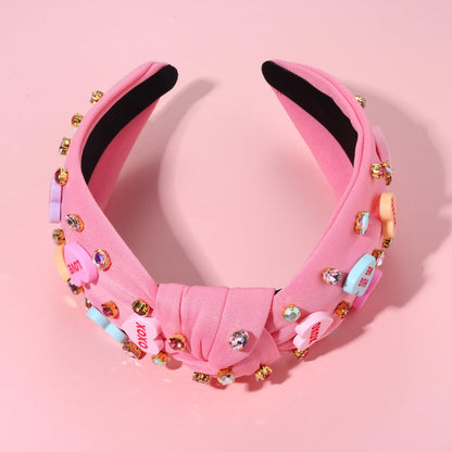 NVENF Valentine’s Day Headband for Women Love Heart Headband Jeweled Crystal Rhinestone Knotted Hairband Red Pink Wide Top Knot Hairband Valentine’s Day Hair Accessories Gifts (Letter 1 - Pink)