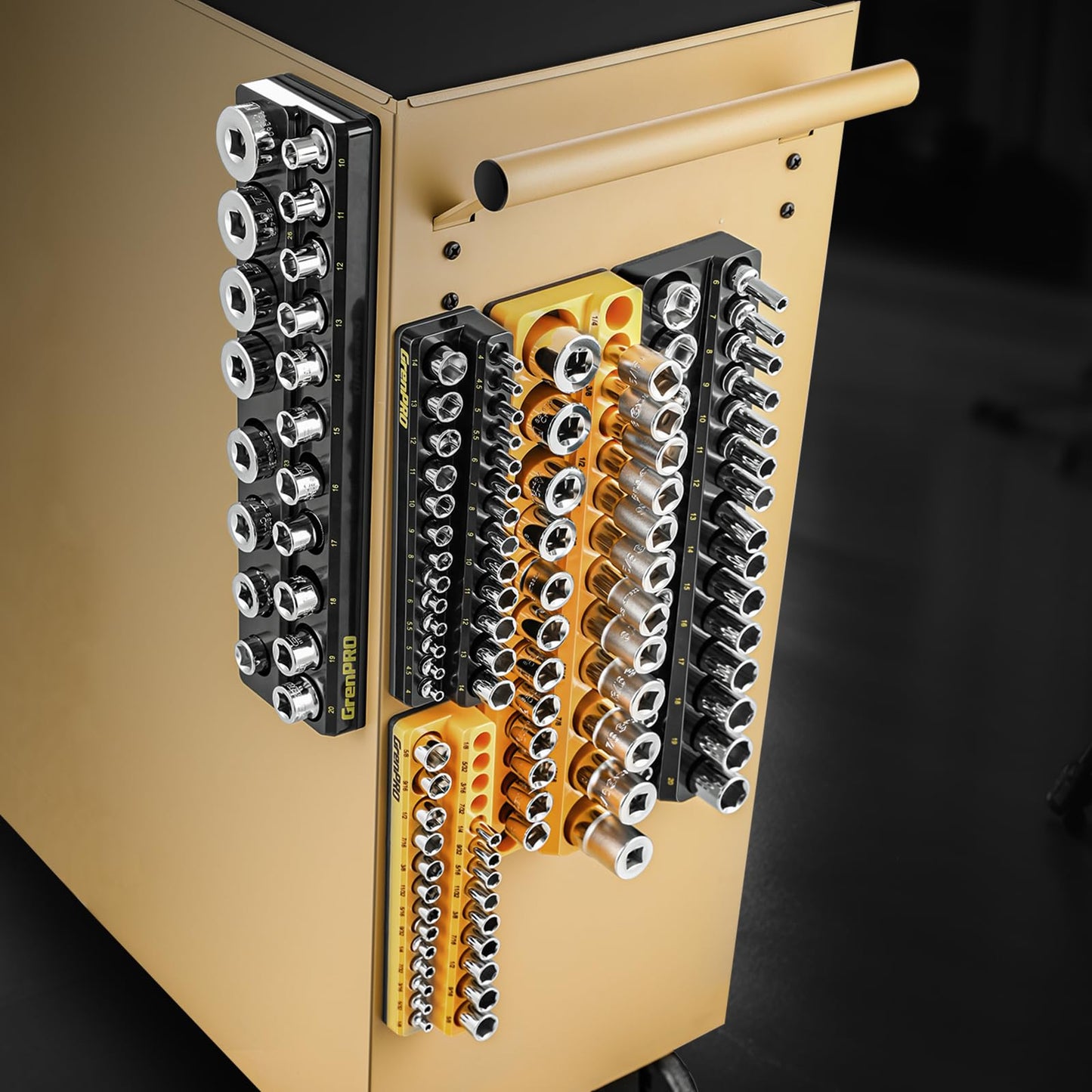 GRENPRO Socket Organizer for Tool Box Drawer, 6pc 143 Metric & SAE Magnetic Socket Holder, 1/4", 3/8", 1/2" Drive Socket Tray Set, Magnetic Socket Organizer