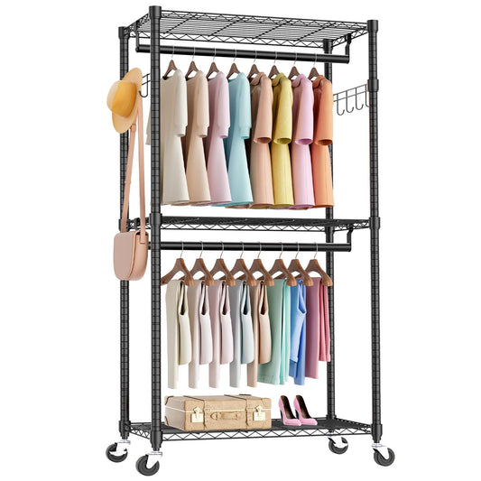 Sweetcrispy Medium Rolling Clothes Rack, Heavy Duty Garment Racks 3 Tiers Portable Adjustable Wire Shelves with Wheels, Hanging Rods, Hooks Freestanding Clothing Wardrobe Closet (15.7"Lx29.5"Wx75.5"H)