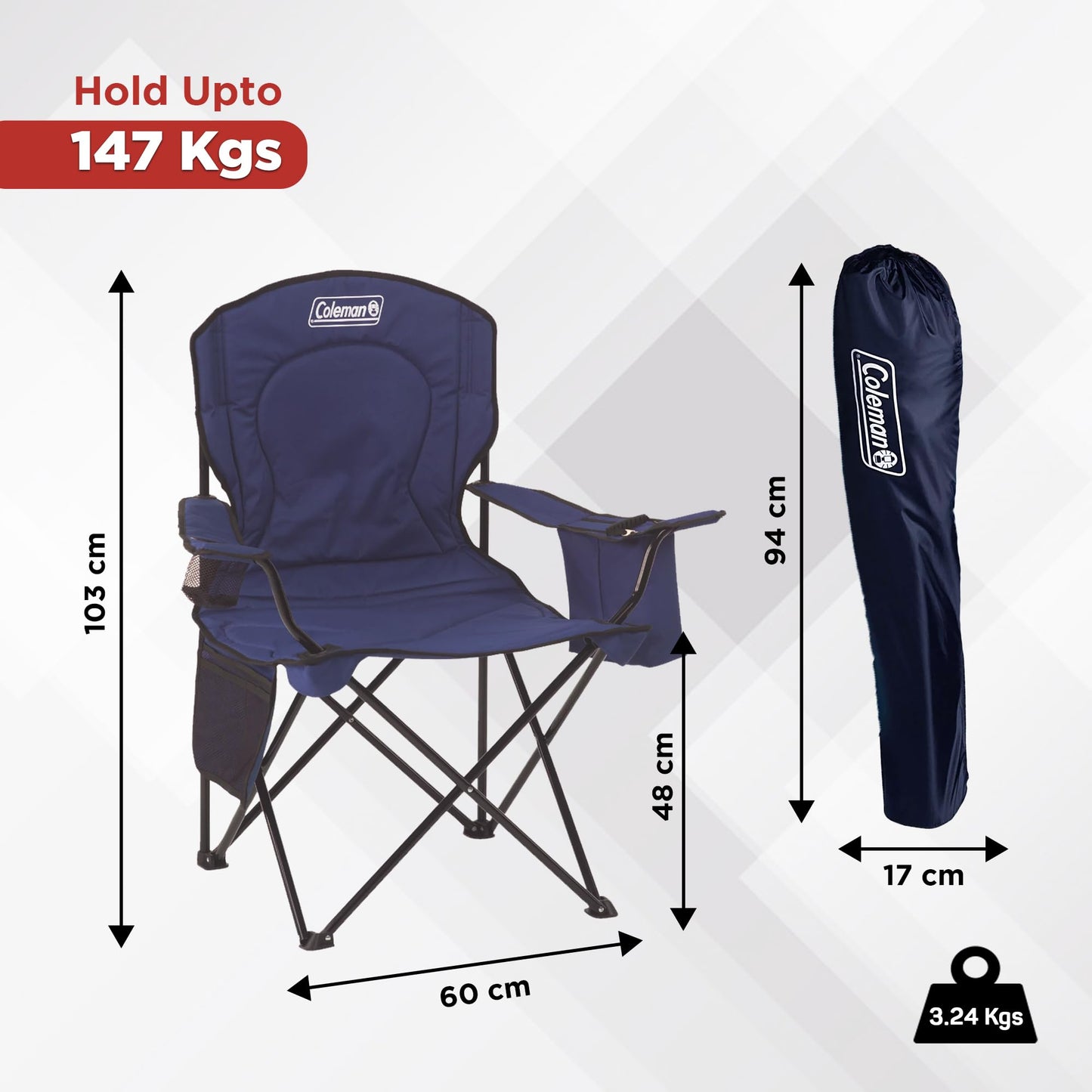 Coleman Portable Camping Quad Chair with 4-Can Cooler, Cushioned Seat & Back with Side Pockets & Cup Holder, Carry Bag Included