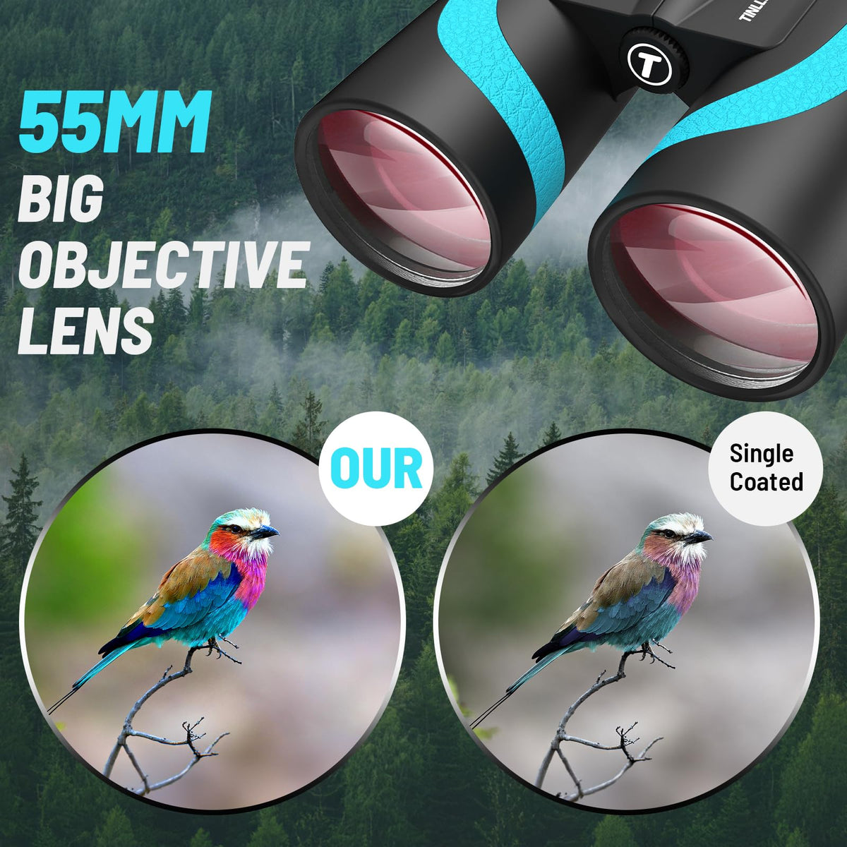 Tinllaans 15x55 HD Binoculars for Adults, High Powered, Large View, BAK4 Prism, Waterproof, Lightweight for Bird Watching, Hiking, Travel, Cruise Trip with Phone Adapter (Blue)