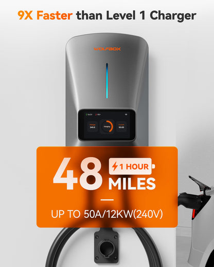 WOLFBOX Level 2 EV Charger 50 Amp - Smart Display, RFID Card, 25ft Cable, Outdoor/Indoor, Hardwired EV Charger Level 2, WiFi Enabled Electric Car Charger, 240V Electric Vehicle Charging Stations