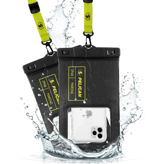 Pelican 2 Pack Marine - IP68 Waterproof Phone Pouch (XL Size) Floating Waterproof Phone Case - Beach Cruise Ship Travel Essentials - Works with All Phones - Detachable Lanyard - Black/Hi-Vis Yellow