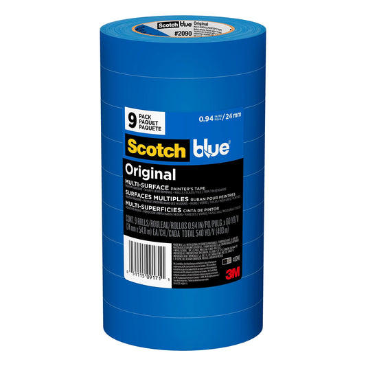 ScotchBlue Original Multi-Surface Painters Tape, 1 Inch Wide (0.94 In. x 60 Yds), 9 Rolls, Blue Paint Tape Protects Surfaces and Removes Easily, Masking Tape for Indoor and Outdoor Use (2090-24AP9)