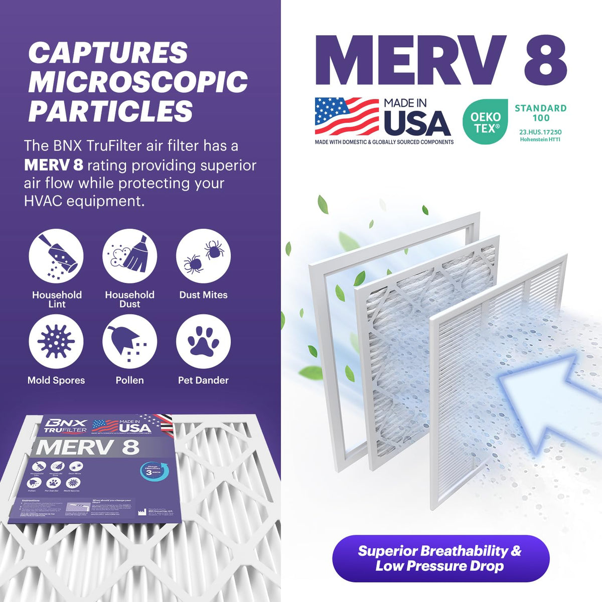 BNX TruFilter 12x24x1 Air Filter MERV 8 (6-Pack) - MADE IN USA – Dust & Pet Defense Electrostatic Pleated Air Conditioner HVAC AC Furnace Filters for Dust, Pet, Mold, Pollen MPR 600 – 700 & FPR 5