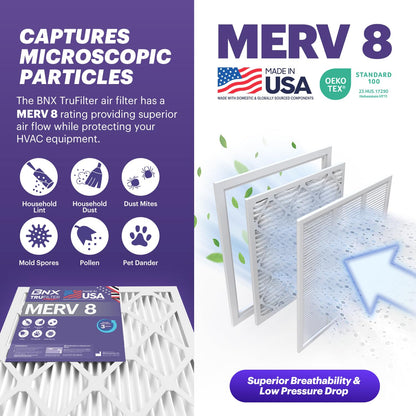 BNX TruFilter 12x24x1 Air Filter MERV 8 (6-Pack) - MADE IN USA – Dust & Pet Defense Electrostatic Pleated Air Conditioner HVAC AC Furnace Filters for Dust, Pet, Mold, Pollen MPR 600 – 700 & FPR 5