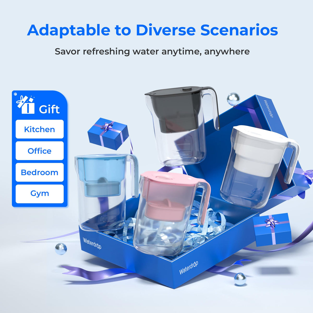 Waterdrop Water Filter Pitcher, 200-Gallon Long-Life, Countertop NSF Certified Water Purifier, Replaces 6,400 Plastic Water Bottles a Year, Reduces Chlorine, PFOA/PFOS, 7-Cup, Blue