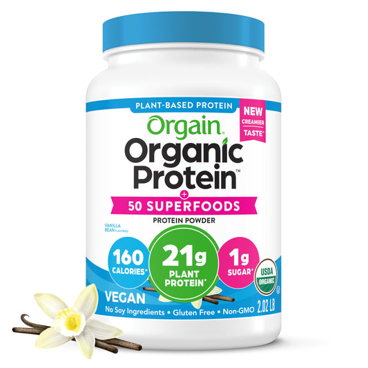Orgain Organic Vegan Protein + 50 Superfoods Powder, Vanilla Bean - 21g Plant Based Protein, 8g Prebiotic Fiber, No Lactose Ingredients, Gluten Free, No Added Sugar, Non-GMO, 2.02 lb