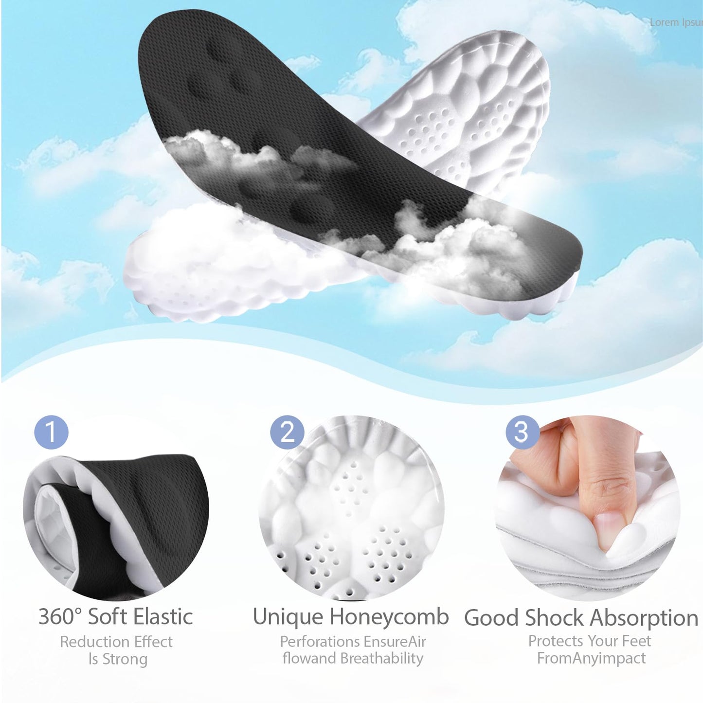 DWTWLE 4D Cloud Insoles for Men and Women Insoles Men Super Soft Anti-Fatigue, Shock Absorption, Relieve Foot Pain, (Black, Men: US 7-11)