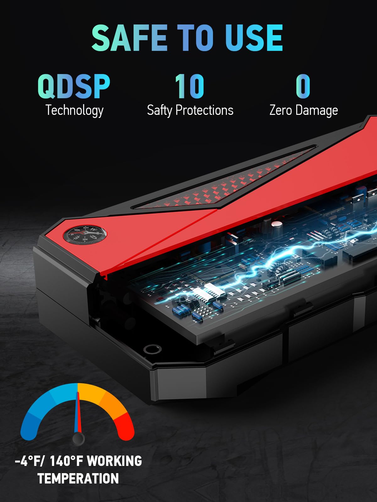 DBPOWER Peak 2000A 18000mAh Portable Car Jump Starter (up to 7.2L Gas, 5.5L Diesel Engine) Battery Booster with Smart Charging Port, Compass, LCD Screen and LED Light (Black/Red)