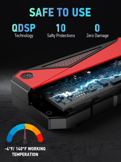 DBPOWER Peak 2000A 18000mAh Portable Car Jump Starter (up to 7.2L Gas, 5.5L Diesel Engine) Battery Booster with Smart Charging Port, Compass, LCD Screen and LED Light (Black/Red)