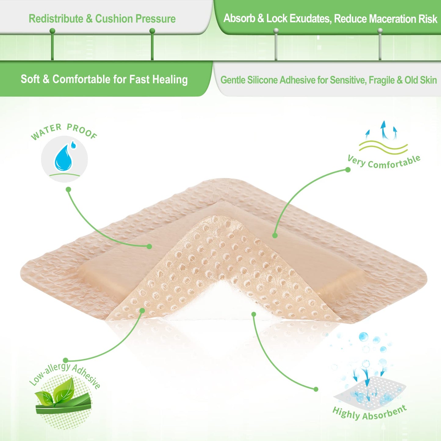 NeuHeils Silicone Foam Dressing with Gentle Border 4''x4'', 20 Pack for Bed Sore Leg Ulcer, High Absorbency Large Waterproof Silicone Wound Bandage