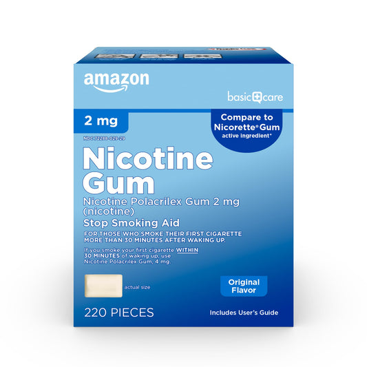 Amazon Basic Care Uncoated Nicotine Polacrilex Gum 2 mg, Original Flavor, Stop Smoking Aid, 220 Count
