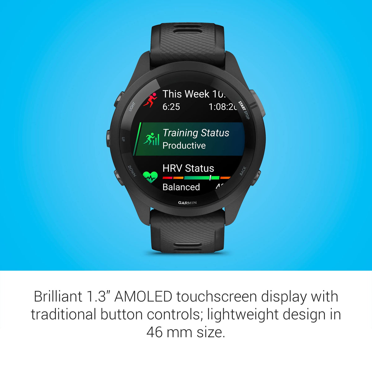 Garmin Forerunner 265 Running Smartwatch, Colorful AMOLED Display, Training Metrics and Recovery Insights, Black and Powder Gray