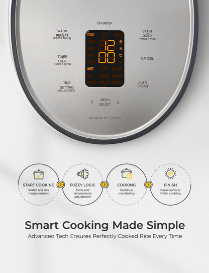 CUCKOO Rice Cooker 6 Cup Uncooked / 12 Cup Cooked, Modern Fuzzy Logic Rice Cooker Small with Delay Timer & Keep Warm Setting, Versatile Food Steamer for Cooking, Non-Stick Inner Pot, Gray (CR-0675FG)