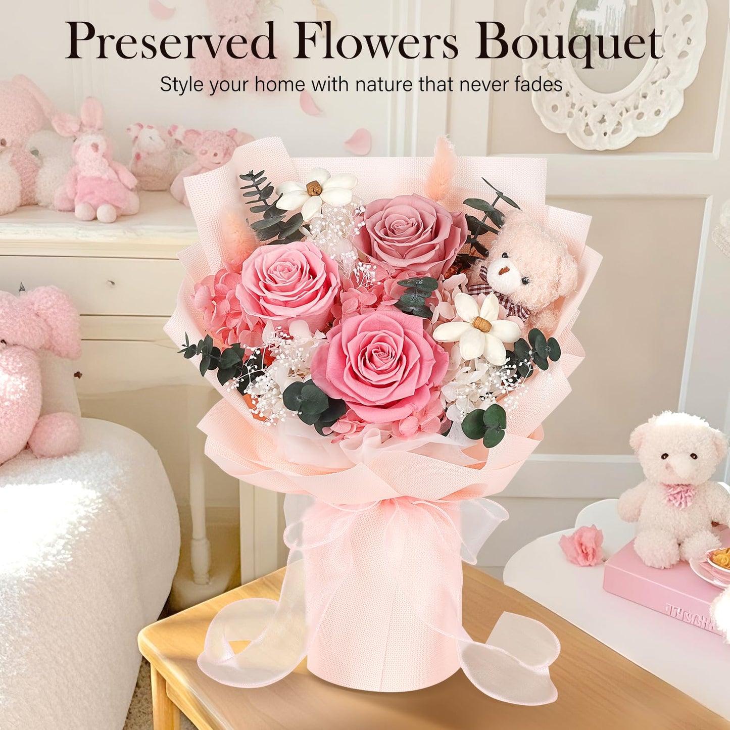 Preserved Flowers Bouquet with Bear, 3 Real Forever Flowers for Delivery, Long-Lasting Pink Eteranl Roses Bouquet, Anniversary Birthday Valentine Gifts for Women Mom Grandma Her Wife Girlfriend