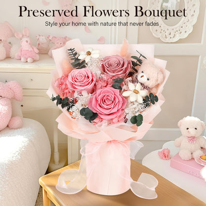 Preserved Flowers Bouquet with Bear, 3 Real Forever Flowers for Delivery, Long-Lasting Pink Eteranl Roses Bouquet, Anniversary Birthday Valentine Gifts for Women Mom Grandma Her Wife Girlfriend
